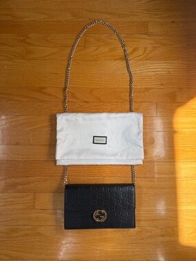 Gucci Black Leather GG Embossed Wallet on Chain Crossbody Bag with Gold Hardware